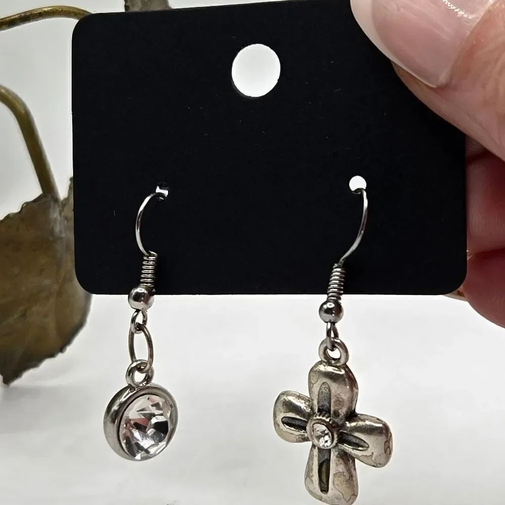 "5/$40" Mismatched Silvertone Rhinestone Cross /Circle Dangle Earrings